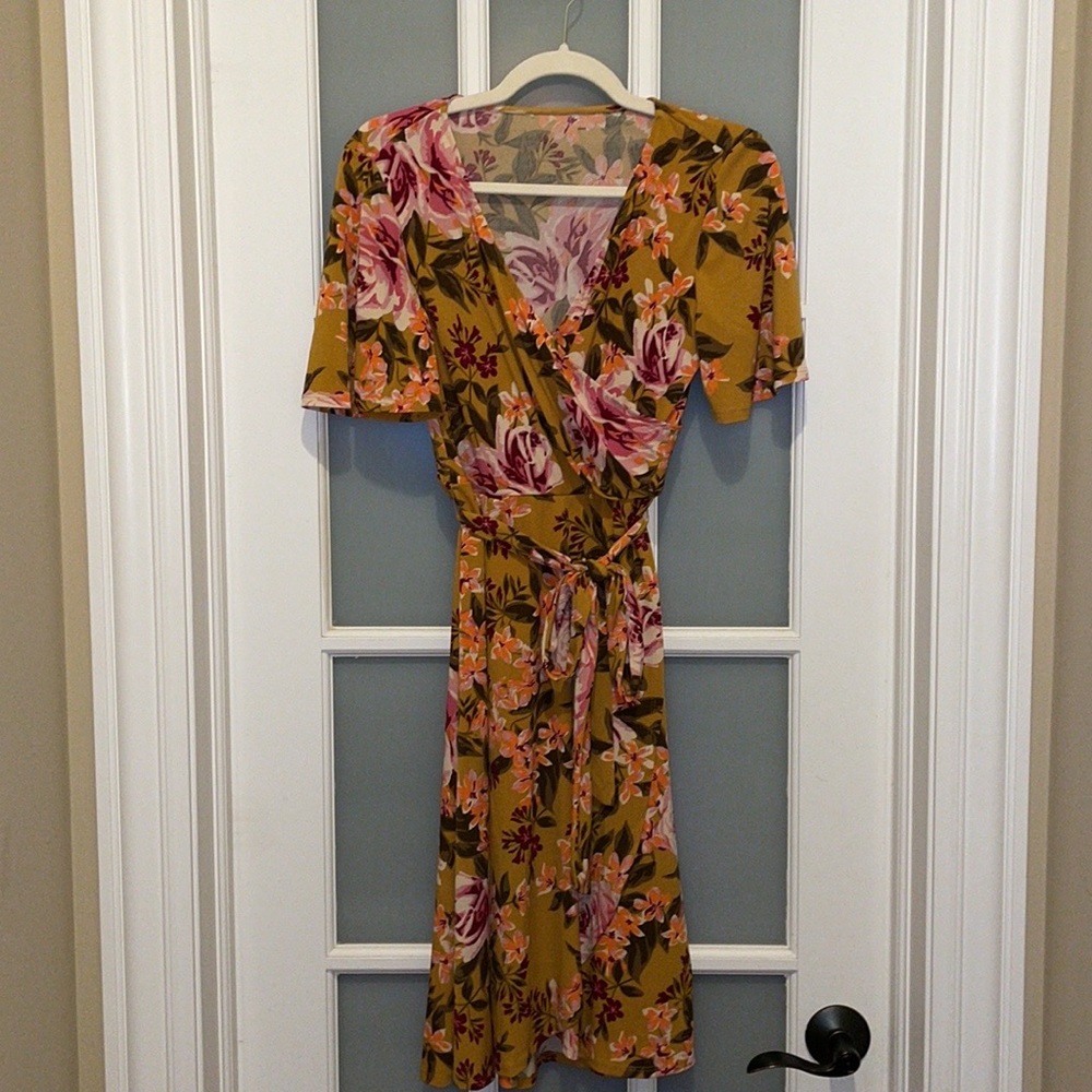Marshalls: Floral Yellow Wrap Dress - Size S